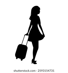 Black silhouette of stylish woman walking with suitcase, dressed in elegant dress and high heels. Travel, vacation, tourism banner, poster. Cartoon vector Illustration isolated on transparent.