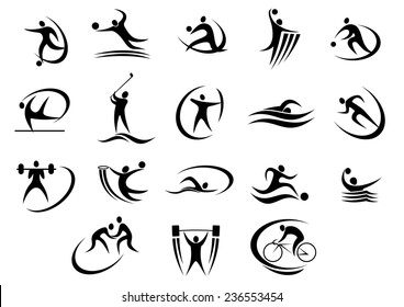 Black silhouette stylized athletes engaged in a variety of sports, vector icons on white