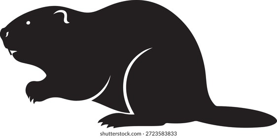 Silueta negra de un castor estilizado con la boca abierta y las patas en las Palabras claves blancas castor, animal.eps