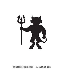 A black silhouette of a stylized devil figure stands against a plain white background. The muscular character features horns on its head and a pointed tail, while holding a trident in its right hand. The graphic design is simple and high-contrast, reminiscent of a logo or mascot.