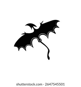 A black silhouette of a stylized dragon with wings and a tail on a white background. Simple, minimalist design.