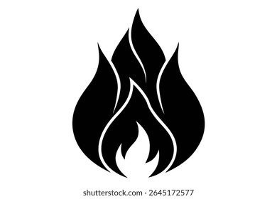 A black silhouette of a stylized flame icon against a white background The flame is depicted in a simple vector graphic style with sharp lines and curves.