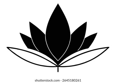 Black silhouette of a stylized flower with pointed petals and leaves on a white background simple vector graphic