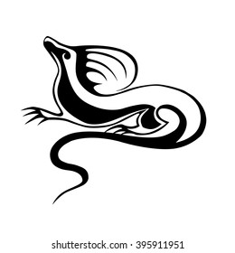 black silhouette of a stylized lizard on a white background