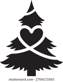 Black silhouette of a stylized pine tree with a heart shape and crisscross branches christmas tree love