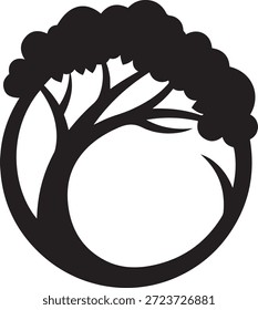 Silueta negra de un árbol estilizado con un tronco circular y dosel redondeado sobre un fondo blanco