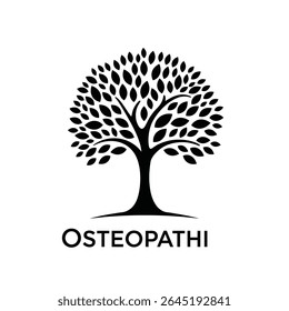 Silhueta preta de uma árvore estilizada com numerosas folhas em um fundo branco A palavra Osteopatia está abaixo da imagem da árvore. O estilo é simples e minimalista.