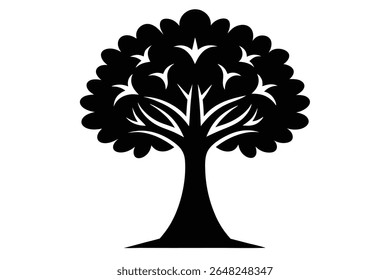 A black silhouette of a stylized tree on a white background The tree has a rounded crown and a thick trunk The style is simple and graphic