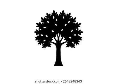 A black silhouette of a stylized tree with simple leaves is shown against a white background The style is minimalist and graphic