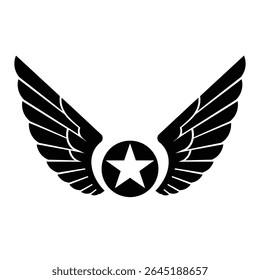 Black silhouette of stylized wings encircling a white five-pointed star within a black circle on a white background vector graphic