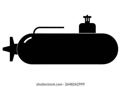 Uma silhueta preta de um submarino contra um fundo branco A imagem é uma ilustração vetorial simples com um estilo minimalista.