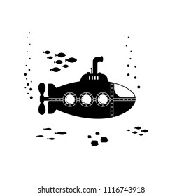 Black silhouette submarine with periscope underwater concept. Marine life with fish, bathyscaphe template - flat vector illustration