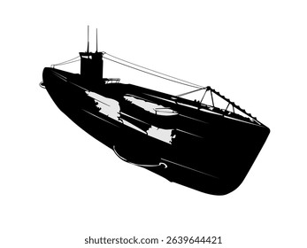 Black silhouette of a submarine from the Second World War on a white background. Vector illustration for the design of strong, expressive technical military designs