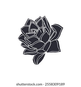 Black silhouette of succulent plant isolated on white background. Hand drawn floral linocut design