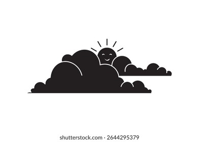 Black silhouette of sun and clouds. Simple weather icon perfect for nature or forecast themes.
