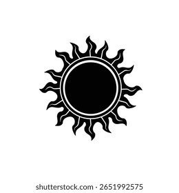 A black silhouette sun icon is centrally positioned against a white background The sun features a circular center and stylized flame-like rays. The style is simple and graphic.