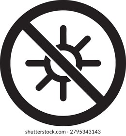 Black silhouette of a sun icon inside a red crossed-out circle. This symbol indicates that direct sunlight or exposure to UV rays is prohibited or should be avoided in this area.