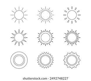 Black silhouette sun icon line set, sunshine and solar glow. Decorative circle sun and sunlight. Hot solar energy for tan. Vector illustration