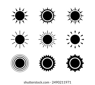 Black silhouette sun icon set, sunshine and solar glow. Decorative circle sun and sunlight. Hot solar energy for tan. Vector illustration