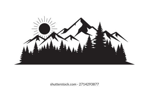 Silhueta preta de montanhas de sol e pinheiros preto e branco