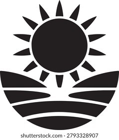 A black silhouette of a sun rising or setting over a landscape of rolling hills on white... sunset