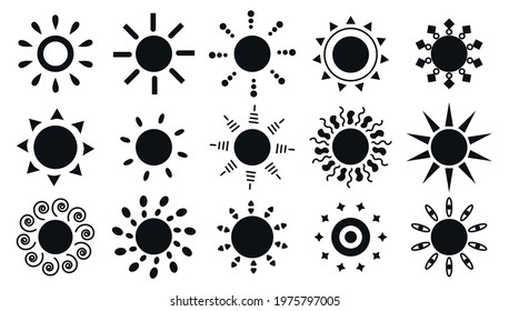 Black silhouette sun set isolated on white background. Weather sunny summer symbol for web and app. Element sunlight. Simple glyph. Logo for the company. Design coffee cups.