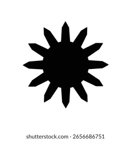 Black silhouette of a sun with sharp pointed rays against a white background.