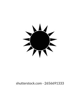 Black silhouette of a sun with sharp pointed rays against a plain white background.