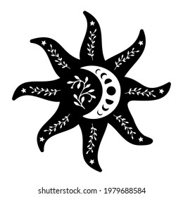 Black silhouette of the sun with the white moon, floral elements. Vector illustration in linocut style. 