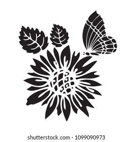 Black Silhouette Sunflower Butterfly Summer Flower Stock Vector ...