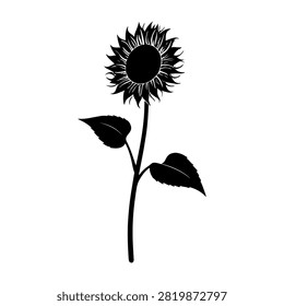 Black silhouette of a sunflower with a leaf on a white background, emphasizing natural beauty and botanical simplicity.