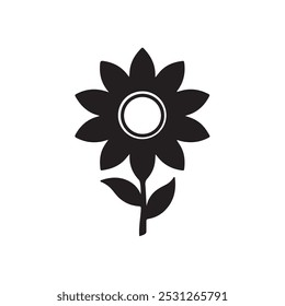 Black Silhouette of a Sunflower as a Vector Icon on a White Background.
