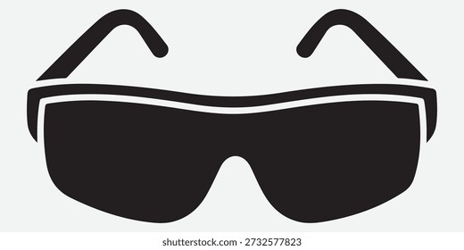 Black silhouette of sunglasses with thick frames and curved temples on a light gray background eyewear