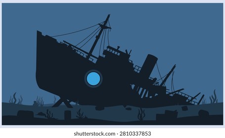 Black silhouette of a sunken shipwreck with a circular porthole and masts, isolated on a deep blue underwater background. Ideal for nautical design, ocean themes, and adventure projects.