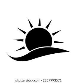 Black silhouette of sunset or sunrise over horizon isolated on white. Seaside cartoon illustration. Summer, beach holidays concept. Simple black and white vector