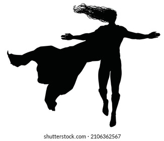 The black silhouette of a superhero hovering in the air, he has long curly hair and a huge cloak fluttering in the wind he has his arms outstretched to the sides, he has a strong muscular body. 2d art