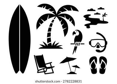 Black silhouette of surfboard, palm tree, parrot, snorkel mask, beach chair, and umbrellas
