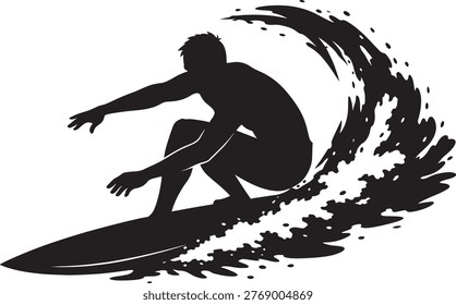 A black silhouette of a surfer crouched on a surfboard, riding a wave with splashing water, depicted in a dynamic and stylized illustration style