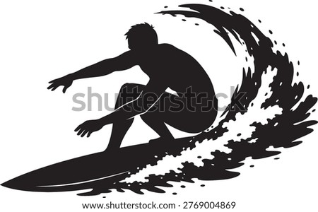 A black silhouette of a surfer crouched on a surfboard, riding a wave with splashing water, depicted in a dynamic and stylized illustration style