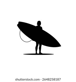 Black silhouette of a surfer holding a surfboard against a white background The image is a simple vector graphic with a minimalist style