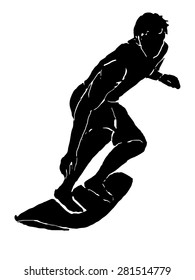 black silhouette surfer man on surfboard, white background 