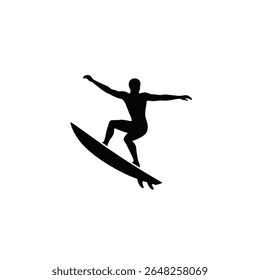 Black silhouette of a surfer on a surfboard against a white background simple vector icon graphic