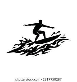 Black silhouette of surfer on wave, dynamic ocean water sports recreation activity