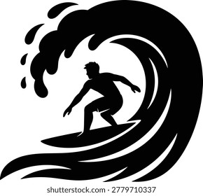A black silhouette of a surfer riding a large ocean wave, isolated on white background.