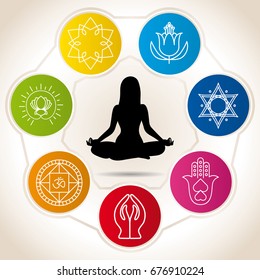 Black silhouette surrounded by seven colored circles with icons of yoga and reiki - Vector image