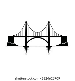 Black silhouette of a suspension bridge spanning across water featuring main towers, cables, and arch supports. Ideal for engineering and travel designs.