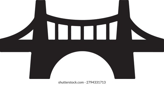 Black silhouette of a suspension bridge with two towers and an arched base