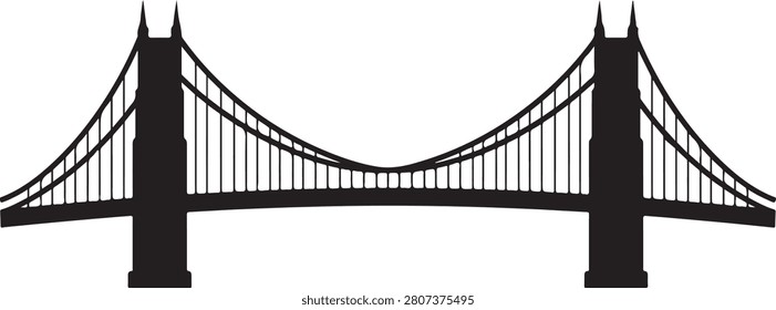 Black silhouette of a suspension bridge with two tall towers and vertical cable supports