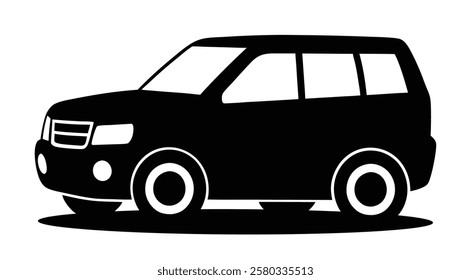 Black silhouette of an SUV car in side perspective, isolated on a white background, vector illustration. Flat vector illustration of a 4x4 SUV, isolated automobile icon in a clean modern style. 