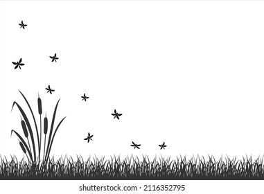 Black silhouette of swamp grass with flying insects, dragonflies. Vector illustration of black bushes of lake reeds on white background.